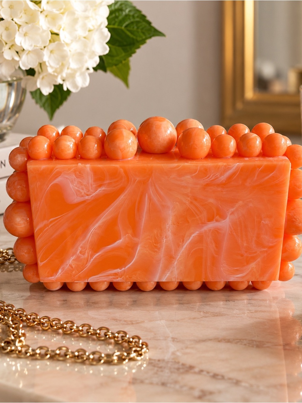 Orange Marbled Beaded Box Clutch - Women Accessories